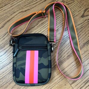 Camouflage Crossbody Bag with Pink and Orange Stripes